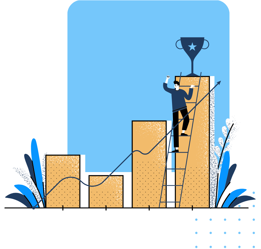 człowiek wchodzi po drabinie na podium z pucharem