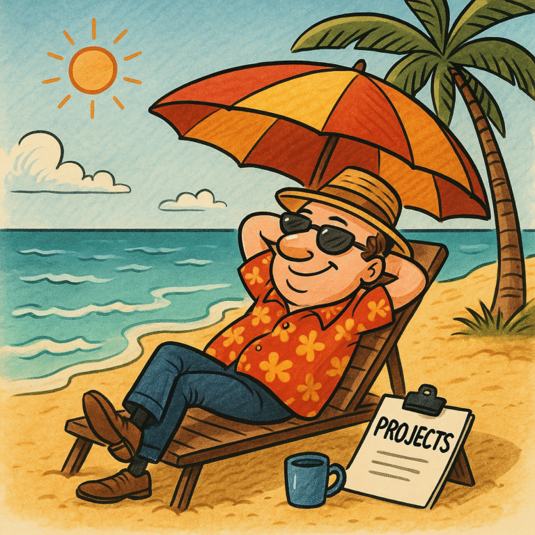 Szef projektów odpoczywajacy nad morzem - satyryczna ilustracja w stylu komiksowym. Ilustruje zarządzanie turkusowe.