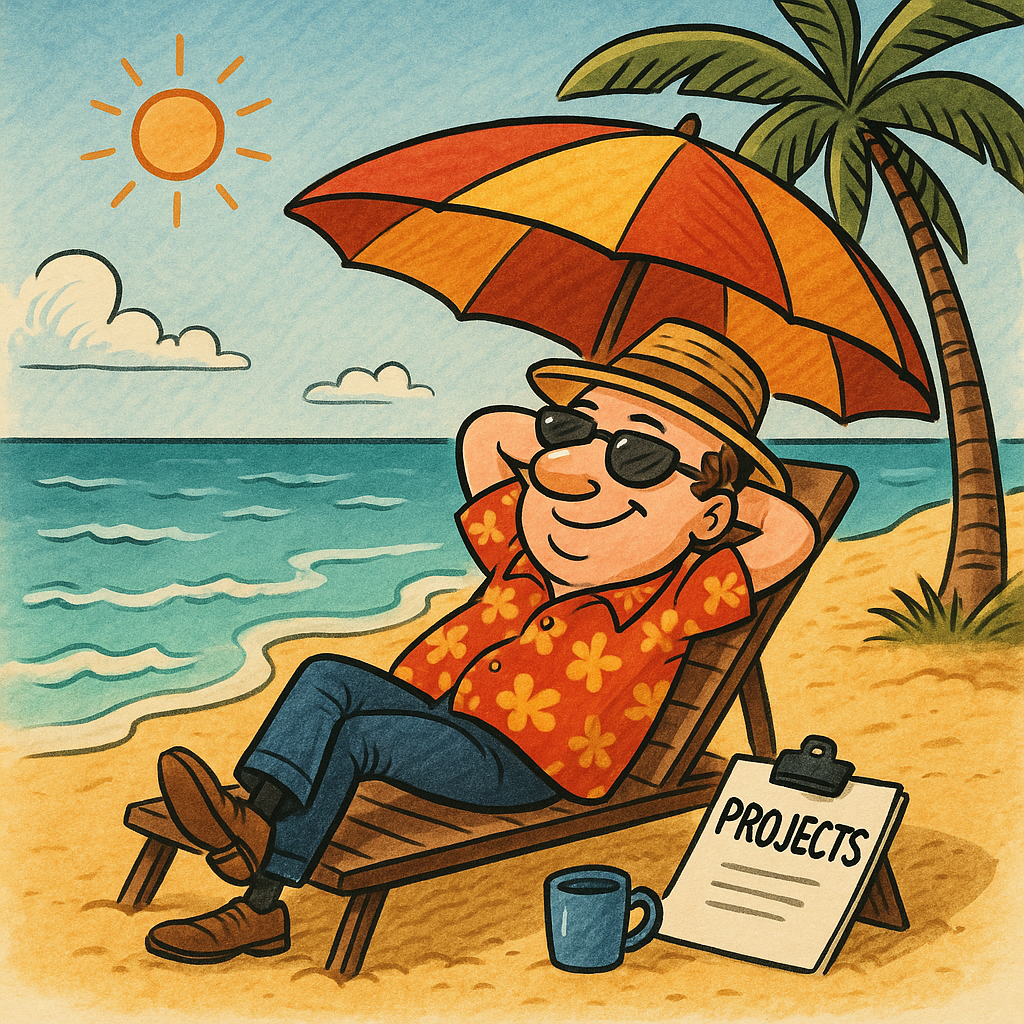 Szef projektów odpoczywajacy nad morzem - satyryczna ilustracja w stylu komiksowym. Ilustruje zarządzanie turkusowe.